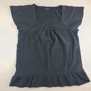 Women's Medium Gap Black Ruffle Hem Top Short Sleeve Pleated Scoop Neck Blouse